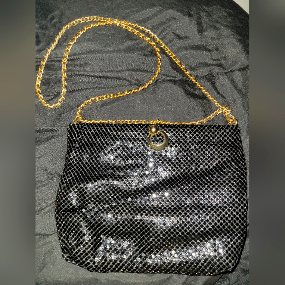 Vintage Whiting & Davis Metallic Black Mesh Double Chain Purse Signature lining